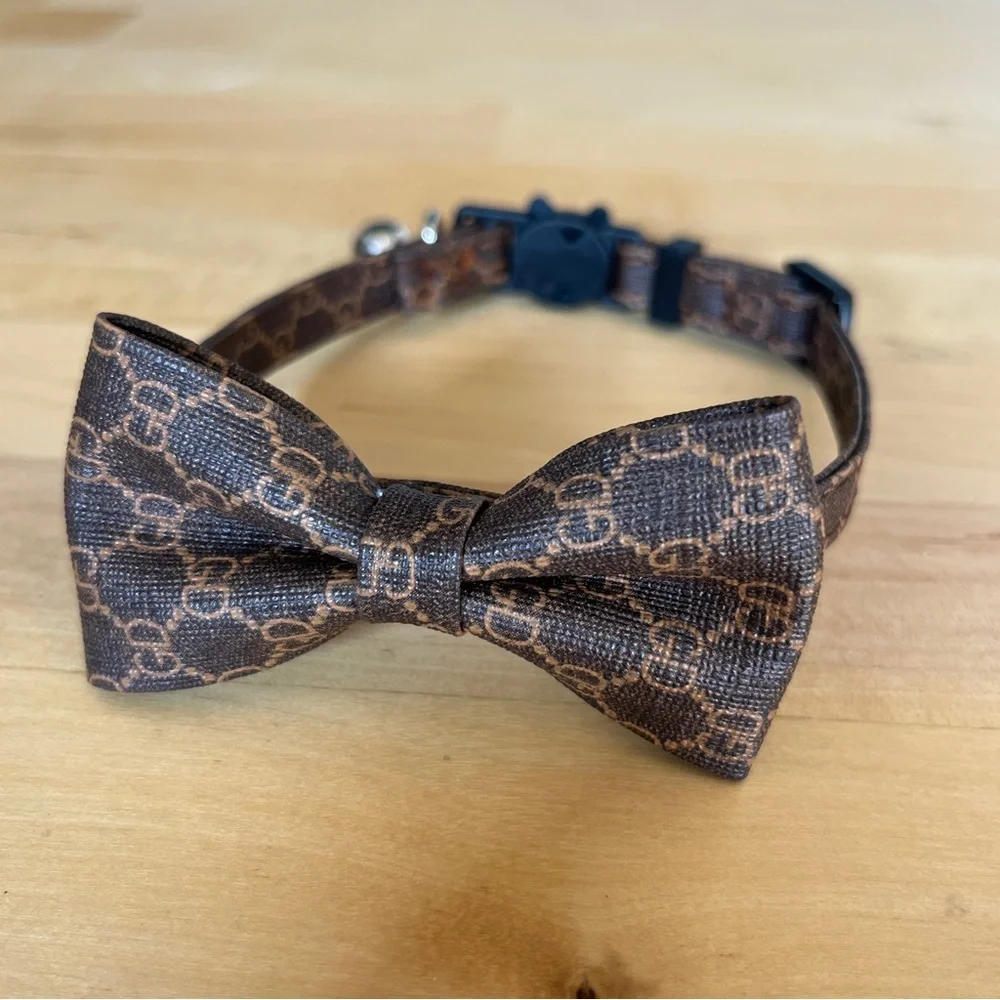 Cat Collar Lux Vegan Leather Bow Necklace Pet Brown Tan Bowtie